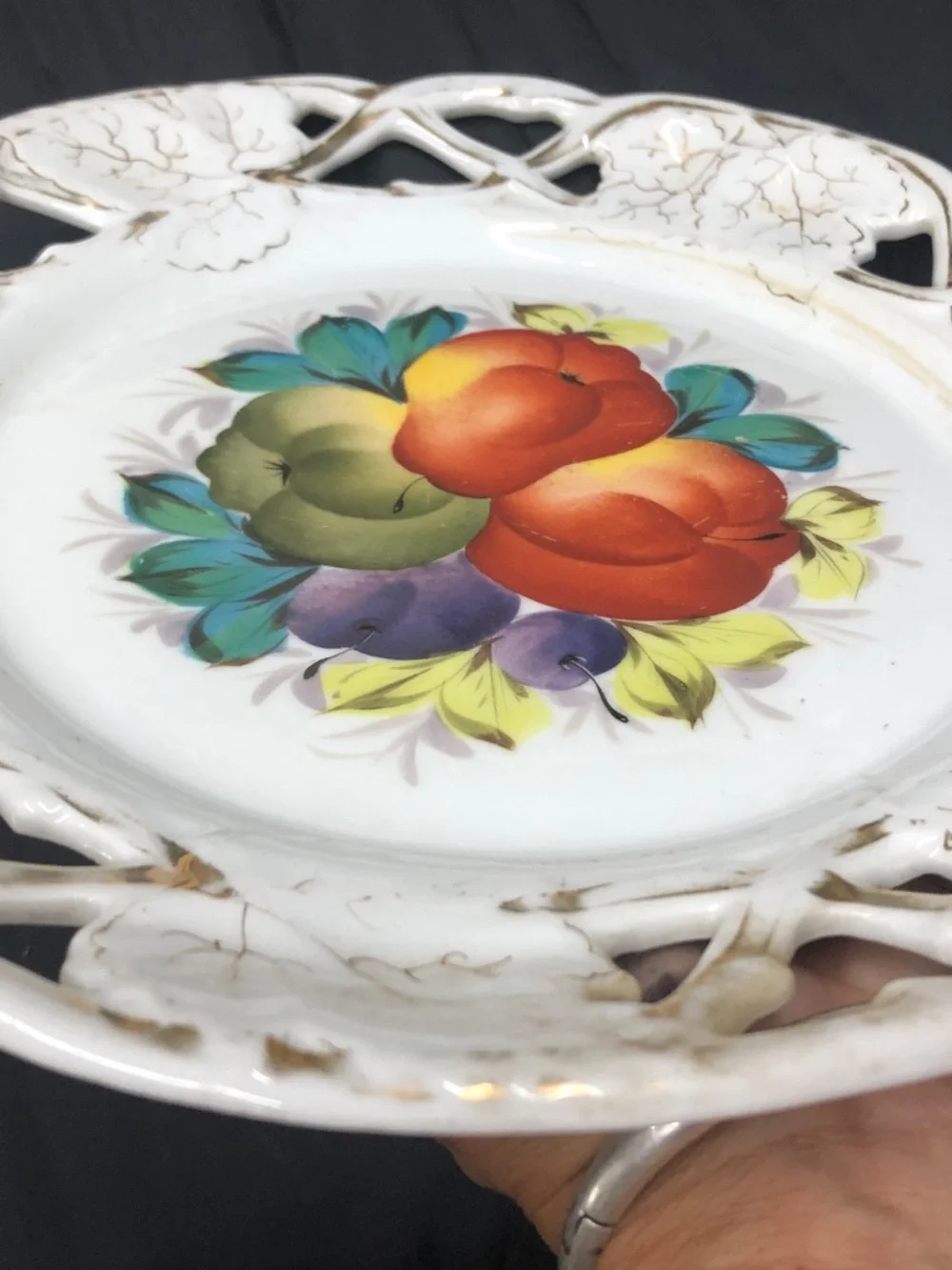 VTG 50s White Ceramic Kitschy Fruits Embellished Collectible Wall Plate~Cut Outs